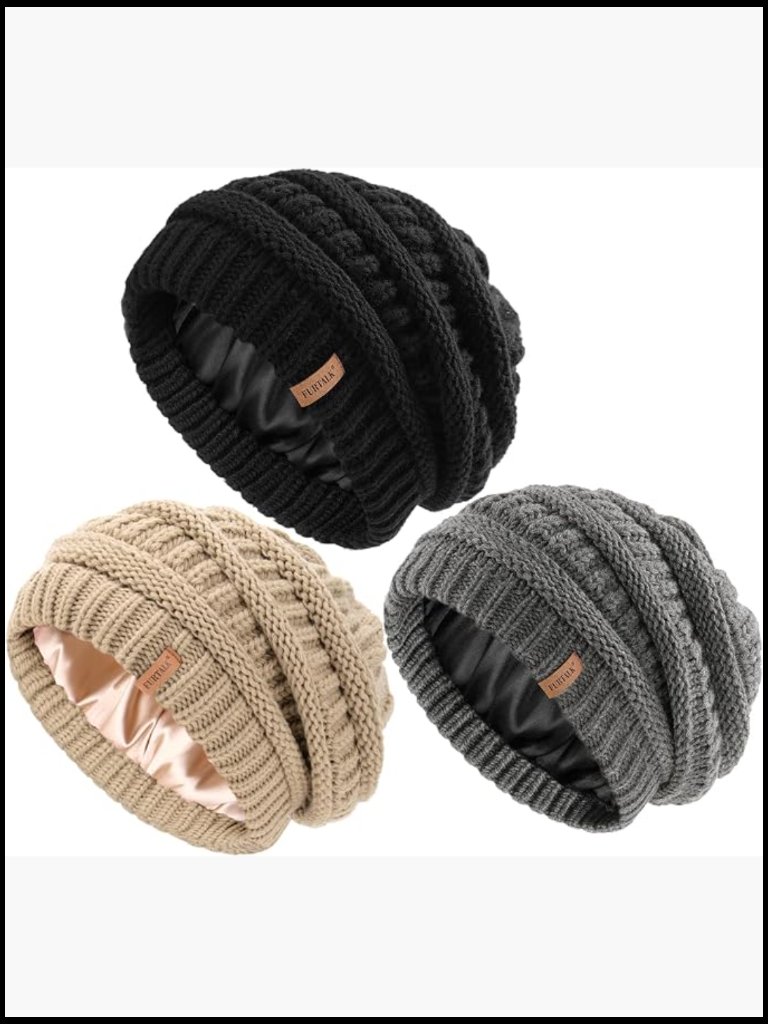 Slouchy Winter Knit Beanie Hat Satin Lined 3 Pack Thick Warm Skull Cap